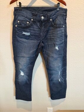 True Religion Men's Dark Blue Distressed Straight Jeans Size 32 x 28
